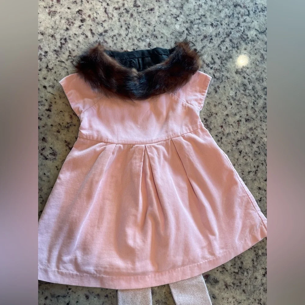 Baby gap Pink cotton Corduroy Dress with sparkle tights and genuine fur collar